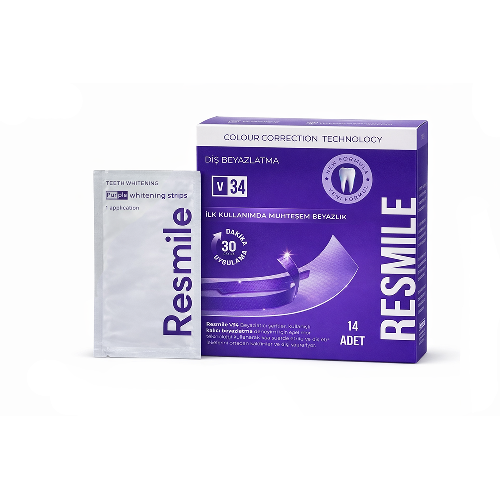 Resmile V34 Diş Bantları kutu görseli ve tekli aplikatör